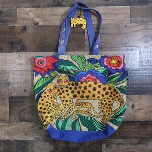 Laurel Burch Canvas Cheetah Leopard Tote Bag Wood Cheetah Handle Charm